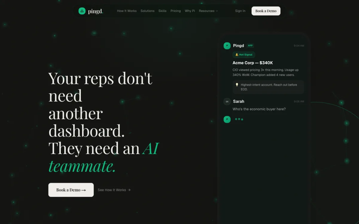 Pingd homepage showing an AI sales teammate inside a chat interface