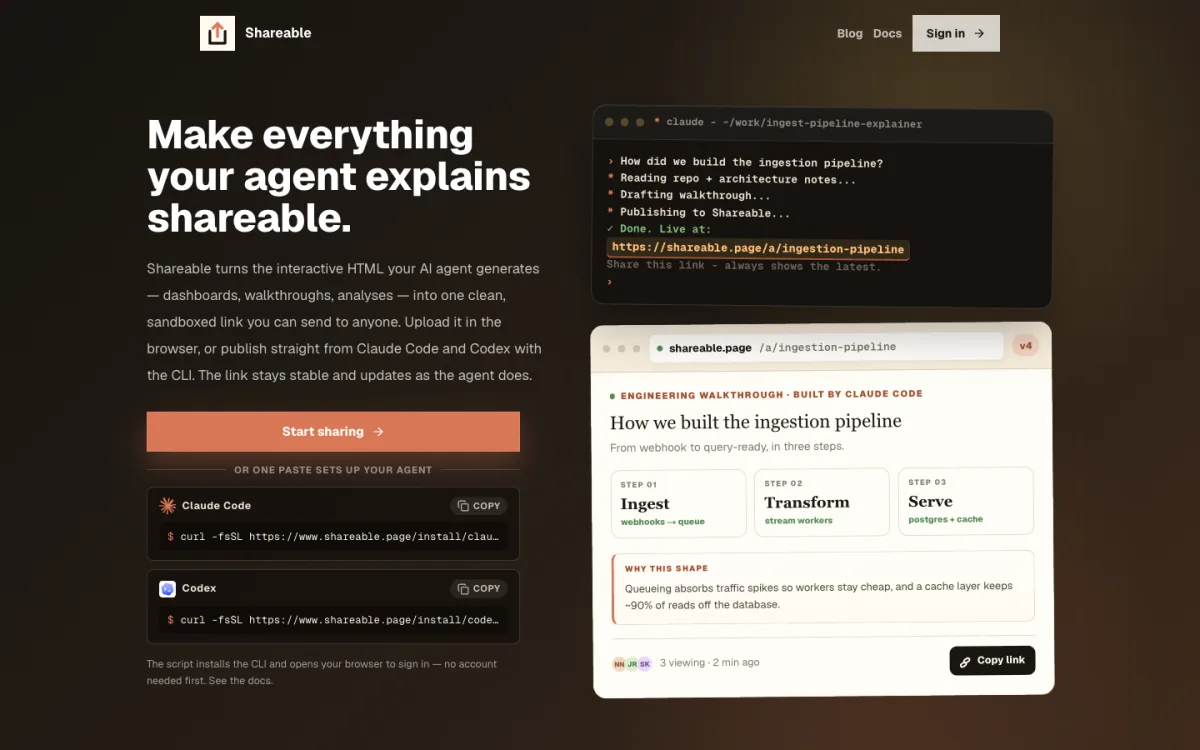 Shareable homepage showing an AI-generated walkthrough being published