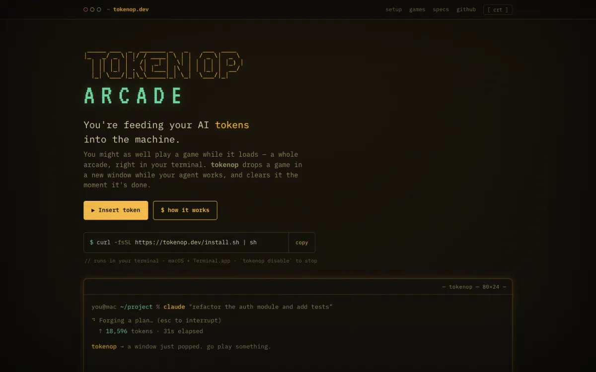 tokenop homepage with a retro terminal arcade interface